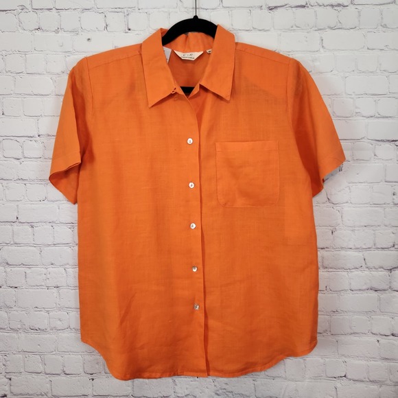 NWT Comfort + Relax Orange 100% Linen Short Sleeve Button up Women's Top M - Picture 1 of 10